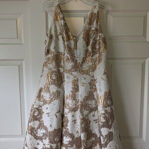 Aidan Mattox Cream Gold V-Neck A-Line Dress